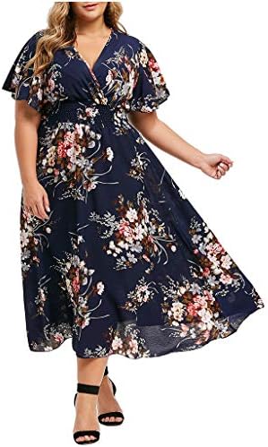 Ženska šifonska cvjetna haljina Plus size boemska ljetna haljina s ramena kratkih rukava izrez u obliku donjeg dijela u obliku donjeg