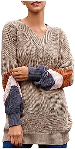 Ženski kaputasti džemper od džempera v- vrat labavi ugovoreni patchwork u boji džemper kornjača dugi rukavac