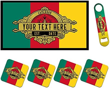 Personalizirana prostirka za bar sa zastavom Kameruna, odgovarajući otvarač za boce i poklon set od 4 podmetača za piće - Pribor za