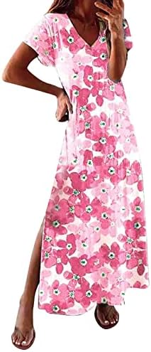 Ženska Midi haljina s dugim majicama u boemskom stilu s cvjetnim printom kratkih rukava s izrezom i prorezom u obliku slova U u obliku