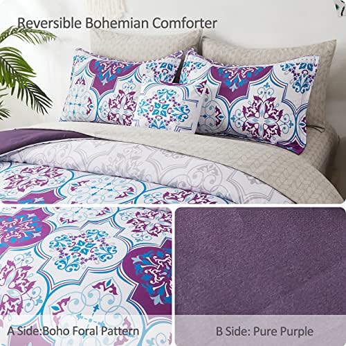 Drucon Boho Comforter Set Queen, 8 komada kreveta u vrećici koji odgovara ukrasnom jastučnom poklopcu, cvjetni tiskani posteljina set