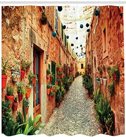 Ambsonne Europska zavjesa za tuširanje, španjolska uličica sa stijenama i biljkama Latino turistička scena mediteranski tisak, tkanina