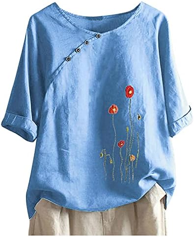 Ženske plus platnene vrhove vintage cvjetni gumb za ispis majica okrugli vrat Pola rukava bluza ljetne košulje