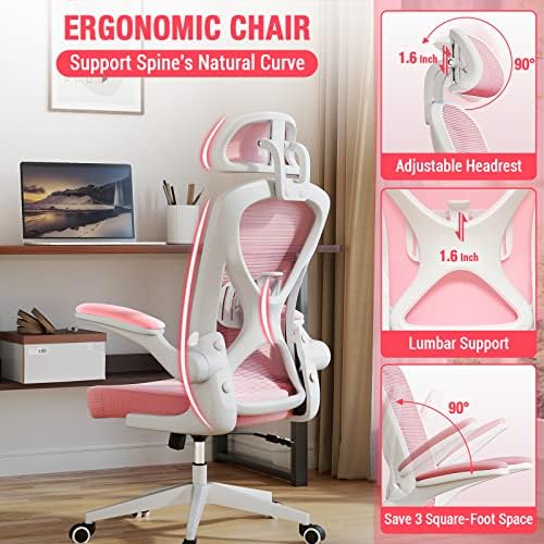 ergonomska uredska stolica, mrežasta uredska stolica za kućni ured, podesivi naslon za glavu i lumbalnu potporu, ružičasta ergonomska